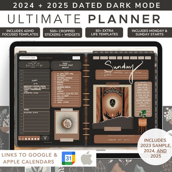 2024 + 2025 Digital Planner Dark Mode Boho Minimal GoodNotes Planner ADHD All-In-One Life Planner Build Your Own iPad or Android