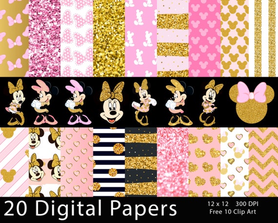 Minnie Mouse Gold Pink Digital Paper FREE Clip Art Gold - Etsy