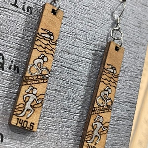 Wood Triathlon Earrings 2” tall