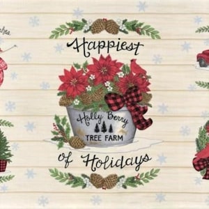 Holly Berry Tree Farm Panel - Deb Strain -Moda Fabric - Night - Red Truck Poinsettias, Rustic Christmas Quilt Panel - Winter Quilt Panel