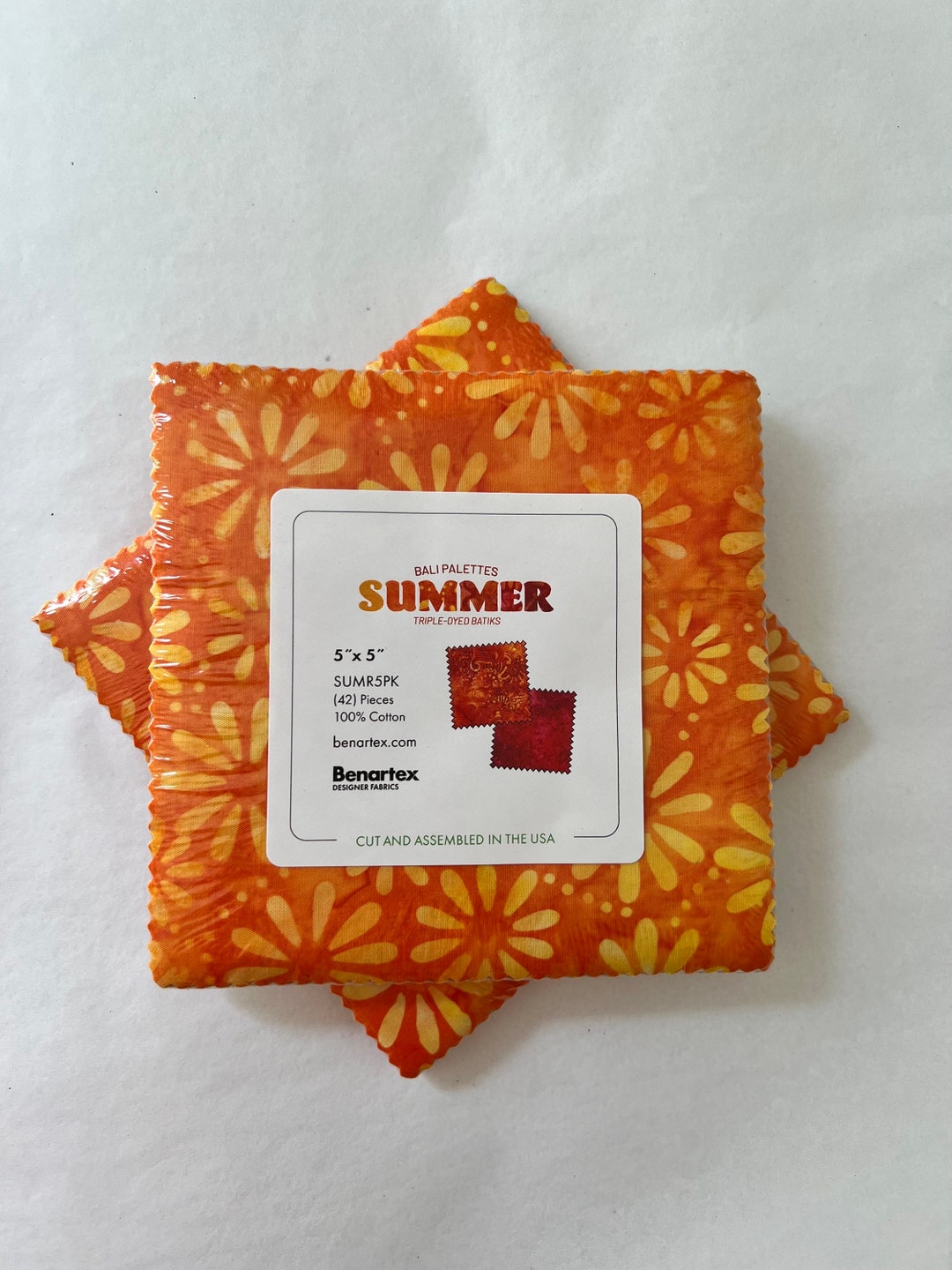Summer Batik Charm Pack, 5 Fabric Squares, Batik Quilting Squares, Red