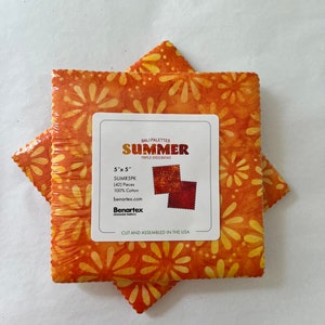 Summer Batik Charm Pack, 5&quot; Fabric Squares, Batik Quilting Squares, Red, Orange, Yellow accents, Benartex 5&quot; Charm Squares