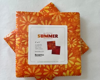 Summer Batik Charm Pack, 5&quot; Fabric Squares, Batik Quilting Squares, Red, Orange, Yellow accents, Benartex 5&quot; Charm Squares