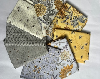 Honey & Lavender Fat Quarter Bundle,  Fat Quarters, Gray and Yellow, 8 fat quarters, 2 yards total, Bee Theme Fabric, Deb Strain for Moda