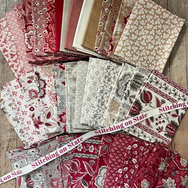 French General  Fat Quarter Bundle, Chateau De Chantilly Cream/Tan/Reds Neutrals, 37 fat quarters, 9.25 yards total Traditional Floral Quilt