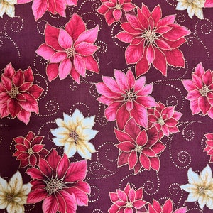 Poinsettia Fabric A Festive Medley Fabric Red with Scroll Fabric - Red with Gold Metallic Fabric by the Yard, Holiday Fabric,