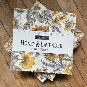 Honey & Lavender Charm Pack, Deb Strain by Moda, Charm Pack, 5 inch square fabric, Cotton Charm Squares, Gray and Yellow Quilt Fabric