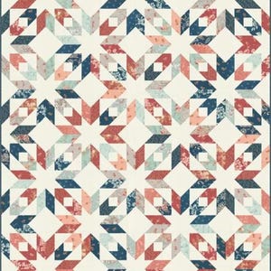 May include: A patchwork quilt with a repeating star pattern. The quilt features a cream-colored background with star shapes in shades of red, blue, and floral patterns. The quilt is made of fabric squares sewn together.