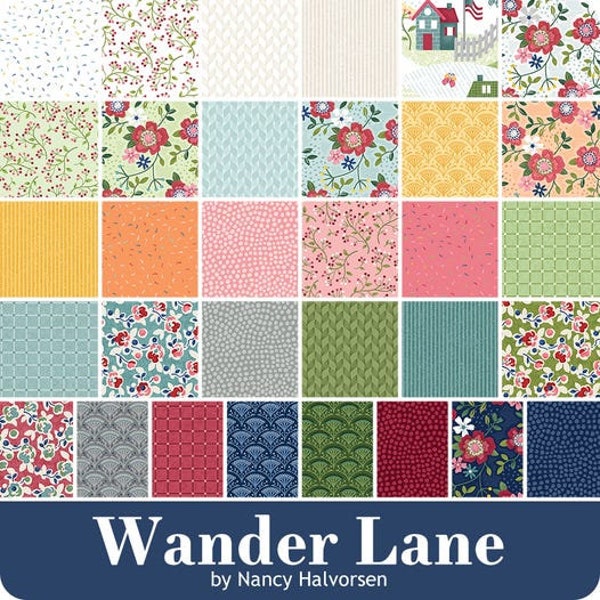 Wander Lane Charm Pack, Nancy Halvorsen Fabric Collection, Benartex 5 inch squares, Charm Pack Pre-cut 5 inch squares, Patchwork Squares