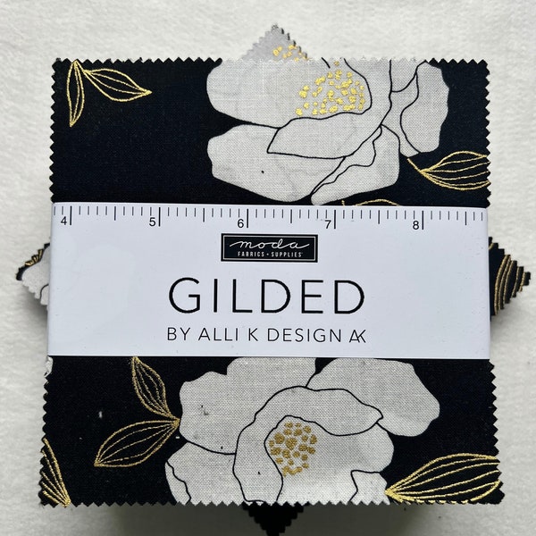 Gilded Charm Pack, Alli K Designs, Charm Pack, 5 inch square fabric, Cotton Charm Squares, Metallic gold Quilt Fabric
