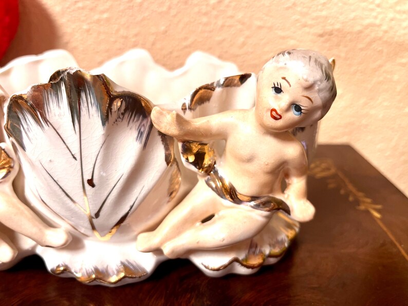 Vintage Royal Sealy Japan Cherub Angel Gilt Vanity Vase Trinket Planter