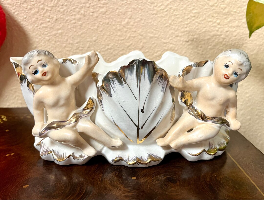 Vintage Royal Sealy Japan Cherub Angel Gilt Vanity Vase Trinket Planter