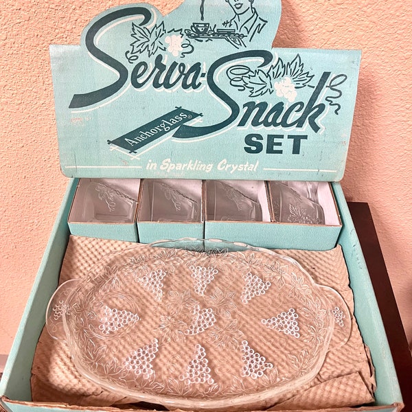 Vintage Anchor Hocking Grape Pattern Serva Snack Set