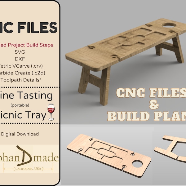 CNC Files + Detailed Build Plans - Wine and Charcuterie Picnic Tray - .svg, .dxf, Vetric VCarve v11 (.crv), Carbide Create (.C2D), toolpaths