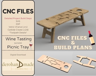 May include: A wooden wine tasting picnic tray with a rectangular design, featuring cutouts for glasses and snacks. The image includes CNC files and build plans. The tray is designed for portability and outdoor use.