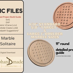 Archivos CNC - Tablero de juego de solitario de mármol de 11" - Archivo de construcción detallado, trayectorias de herramientas, .svg, .dxf, VCarve (.crv), Carbide Create (.C2D) y archivos PDF
