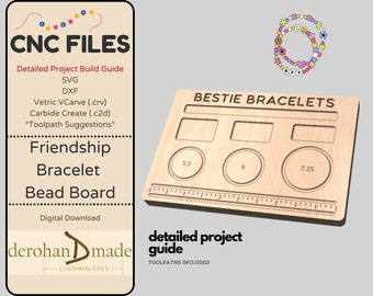 May include: A digital download of CNC files for a friendship bracelet bead board. The board includes three circles for different bracelet sizes: 5.5 inches, 6 inches, and 7.25 inches. The design includes the text "BESTIE BRACELETS".