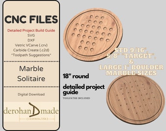 May include: CNC files for an 18-inch round marble solitaire game. The digital download includes SVG, DXF, Vetric VCarve (.crv), Carbide Create (.c2d) files, and toolpath suggestions. The game board is made of wood and has a variety of hole sizes for different sized marbles. The marble sizes are 9/16 inch, 5/8 inch, and 1 inch.