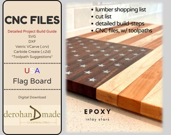 May include: Digital download of CNC files for a wooden USA flag board with epoxy inlay stars. The files include a detailed project build guide, lumber shopping list, cut list, detailed build steps, and CNC files with toolpaths. The files are compatible with Vetric VCarve and Carbide Create software.