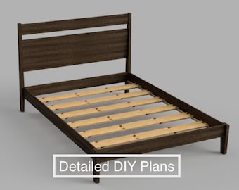 May include: A dark brown wooden bed frame with a slatted headboard and a slatted base. The bed frame is designed in a mid-century modern style. "Detailed DIY Plans" is written in white text on a black rectangle.