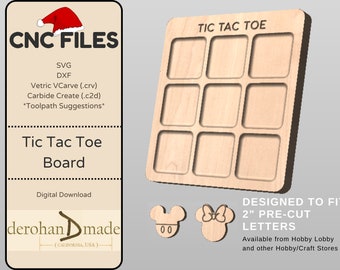 May include: A digital download of a CNC file for a Tic Tac Toe board. The board is designed to fit 2-inch pre-cut letters, available from Hobby Lobby and other craft stores. The image shows a wooden board with nine squares, and a red Santa hat.