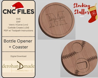 May include: A digital download of CNC files for a bottle opener and coaster. The files are compatible with Vetric VCarve, Carbide Create, and other software. The image shows a wooden coaster with the text "megreger" and a wooden bottle opener with a baseball design.