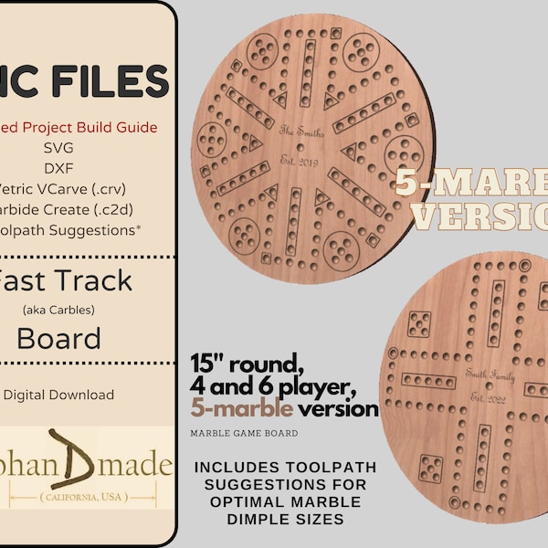 CNC Files + Project Guide | 5 MARBLE Fast Track / Carbles Game - 6 and 4 player SVG, dxf, VCarve v11 (.crv), Carbide Create (.c2d), Toolpath