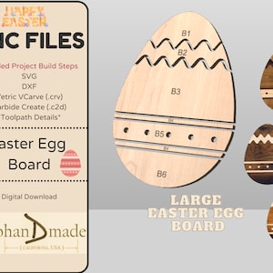 Könnte beinhalten: Ein digitaler Download von CNC-Dateien für ein großes Osterei-Brett. Das Brett ist aus Holz und hat ein Design aus einem großen Ei mit Wellenlinien und einem kleineren Ei mit einem Tupfenmuster. Die Datei enthält die Formate SVG, DXF, VCarve (.crv) und Carbide Create (.c2d).