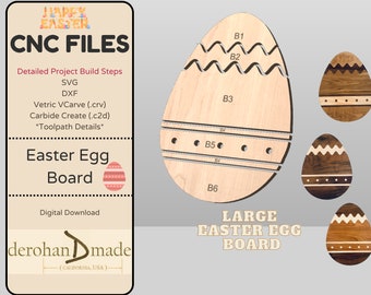 May include: A digital download of CNC files for a large Easter egg board. The board is made of wood and has a design of a large egg with wavy lines and a smaller egg with a polka dot design. The file includes SVG, DXF, VCarve (.crv) and Carbide Create (.c2d) formats.