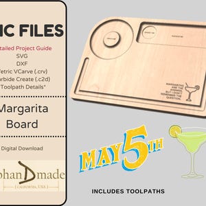 May include: Digital download of CNC files for a wooden margarita board. The board features a round cutout for a glass, a rectangular area for snacks, and the text "Margaritas are the answer, but I don't remember the question."  Includes toolpaths for VCarve and Carbide Create.