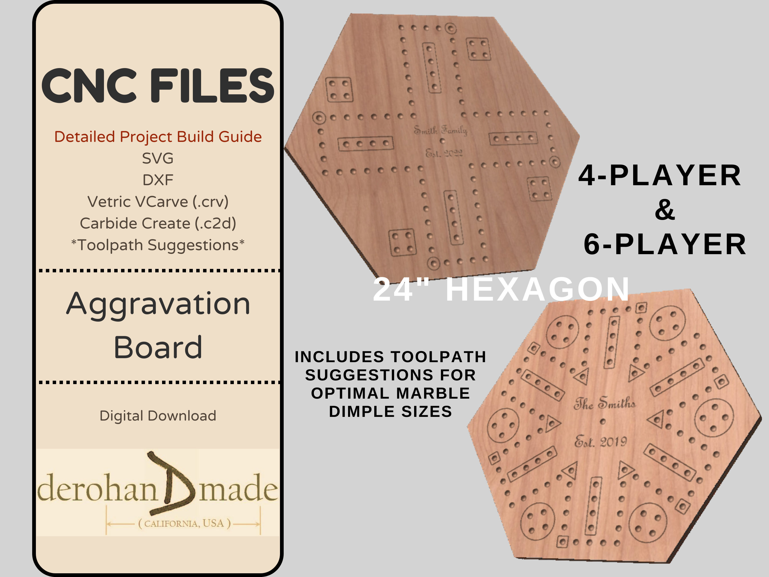 CNC Files + Project Guide - Aggravation / Wahoo Game - 6 and 4 player - svg, dxf, VCarve v11 (.crv), Carbide Create (.C2D) file, Toolpaths