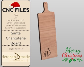 May include: Digital download of a CNC file for a Santa charcuterie board. The board is made of wood and has a handle. The design includes the words "Merry Christmas" and a holly sprig.