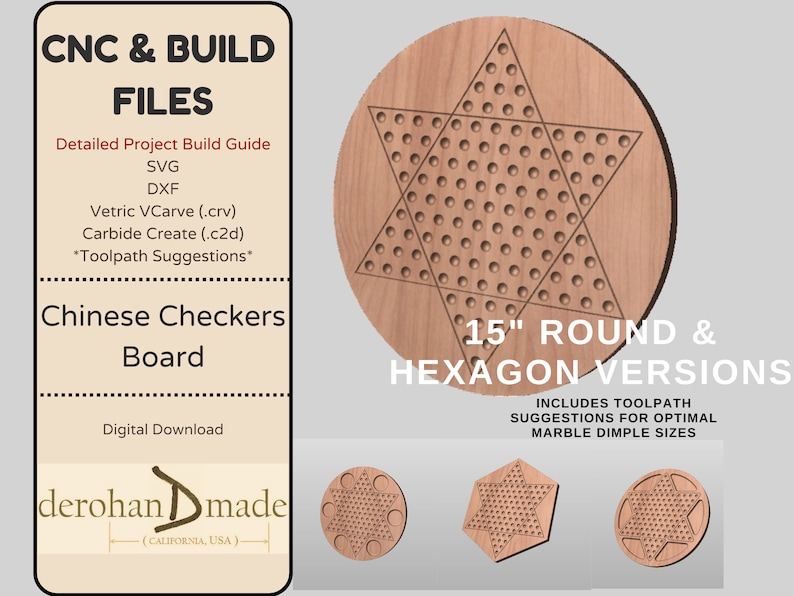 CNC Files Chinese Checkers Marble Game Detailed Build File, Toolpaths, .svg, .dxf, VCarve .crv, Carbide Create .C2D, and PDF files image 1