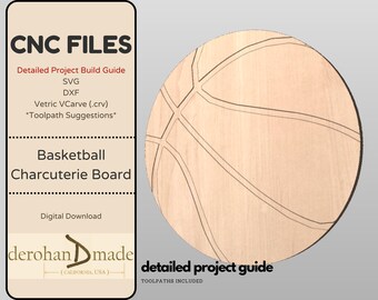 May include: A light-colored wooden basketball charcuterie board with etched lines. The image includes a detailed project build guide with CNC files, including SVG and DXF formats. The text "Basketball Charcuterie Board" is also visible.