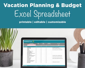 May include: A laptop computer displaying a spreadsheet titled "Spending Plan" with categories for pre-trip activities, in-trip activities, and total expenses. The spreadsheet is open on a white desk with a potted plant and a pencil holder with pencils.