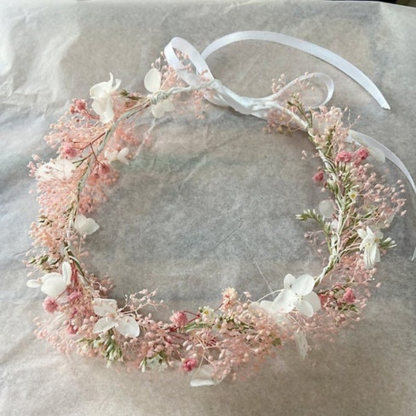 Couronne fleurs stabilisées tête, cheveux baptême et mariage