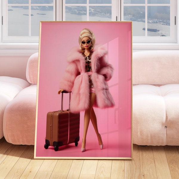 Barbie Dressed Glam In A Pink Fur Coat, Pink Wall Art, Fashion, Gifts For Friend, Kids Wall Prints, Happy Room Decor, Fun, Popular Now
