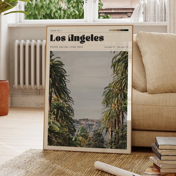 Los Angeles City Print, Palm Trees, Travel, Landscape Wall Art, Hollywood Vintage Art, Gift For Friend, Living Room, Bedroom Poster