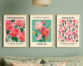 Set of 3 Pink & Green Flower Market Prints, Gallery Wall Art, Downloadable Prints, Floral, Botanical, Living Room, Bedroom