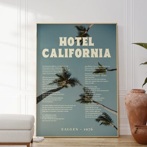 Hotel California Music Poster, Eagles Fan Art, Song Lyrics Print, Vintage, Rock, Gift For Friend, Downloadable, Printable Art, Palm Trees