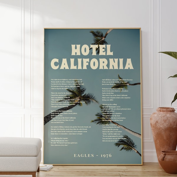 Cartel musical del Hotel California, Eagles Fan Art, Letras de canciones impresas, Vintage, Rock, Regalo para un amigo, Descargable, Arte imprimible, Palmeras