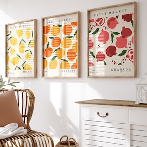 Set of 3 Fruit Market Prints, Gallery Wall Art, Downloadable Prints, Citrus, Lemon, Orange, Kitchen, Living Room, Bedroom