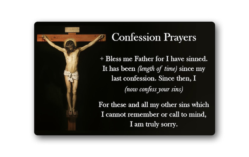 May include: A black and white image of Jesus Christ on the cross. The image is accompanied by a text overlay that reads "Confession Prayers" and includes a prayer for confession.