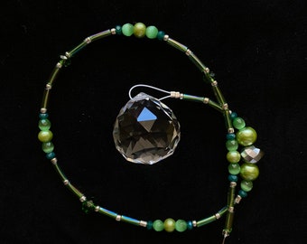 SUN CATCHER- Dark and light GREEN beaded rainbow crystal Prism