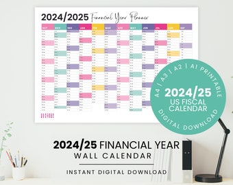 2024-2025 US Financial Year Wall Calendar | Rainbow Printable Year Planner | Fiscal Year | A1, A2, A3, A4 Planner | Digital Download