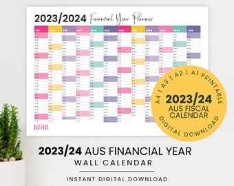 2023-2024 AUS Financial Year Wall Calendar | Rainbow Printable Year Planner | Fiscal Year | A1, A2, A3, A4 Planner | Digital Download