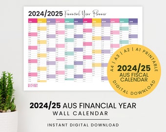 2024-2025 AUS Financial Year Wall Calendar | Rainbow Printable Year Planner | Fiscal Year | A1, A2, A3, A4 Planner | Digital Download