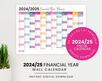 2024-2025 UK Financial Year Wall Calendar | Rainbow Printable Year Planner | Fiscal Year | A1, A2, A3, A4 Planner | Digital Download