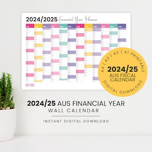 Calendario de pared para el año fiscal australiano 2024-2025 / Planificador anual imprimible arcoíris / Año fiscal / Planificador en tamaños A1, A2, A3 y A4 / Descarga digital