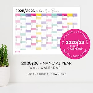 Calendario de pared para el año fiscal del Reino Unido 2025-2026 / Planificador anual imprimible con arcoíris / Año fiscal / Planificador A1, A2, A3, A4 / Descarga digital